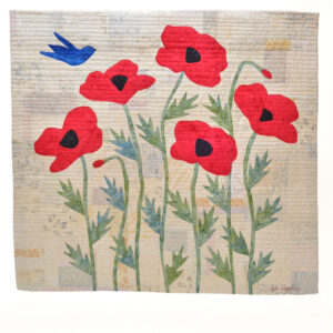 Julie Bagamary 2026, machine applique and quilted, hand stamping, hand stitching 32” x 30”