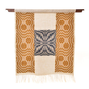 Sherry Green 2026, cotton, hemp, wool; traditional overshot inlay using two separate treadling patterns (camel/ivory – “Wandering Vine;” navy/ivory – “Blooming Leaf”) 15” x 18”