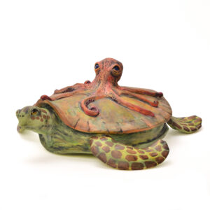 Denise Phillips 2026, clay, underglazes, India inks; hand built, bisque fired, cold finished 6” x 15 ¼” x 17”