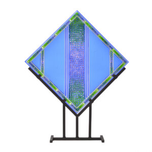 Karen Hovis 2026, sheet glass, hand pulled square cane; fused, sandblasted, polished 11” x 11,” with stand 20” x 15 ½”