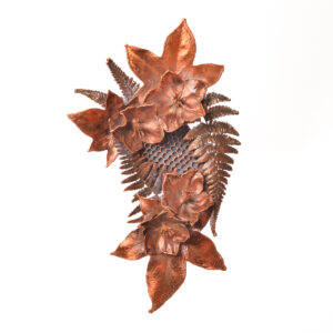 Amanda Hayes 2026, real honeycomb, fern, ivy, and hellebore blooms electroformed in copper 11 ½” x 7”