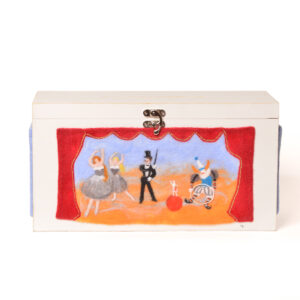 Cindy Morgan 2026, wool, felt, beads, wire, wedding card box; needle and wet felting, embroidery, machine stitching 8 ½” x 16” x 7”