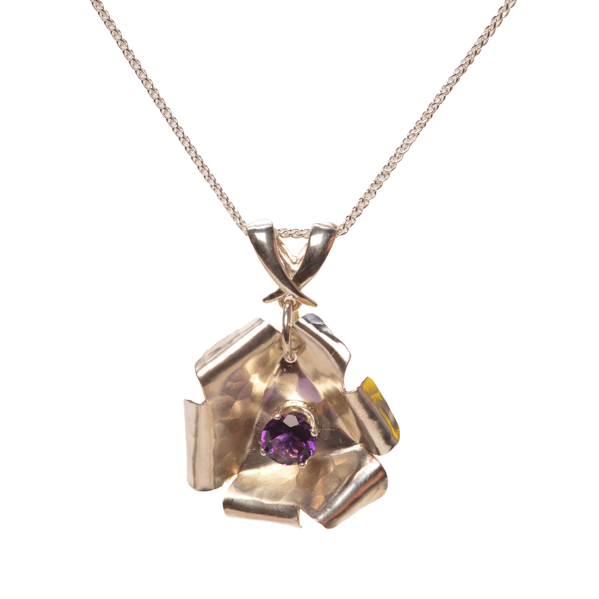 2026, sterling silver, amethyst, rose gold filled; forged, hammered, tube setting, prong setting Earrings: ½” diameter Necklace: 1 ½” diameter, approximately 1 carat stone Ring: 1” diameter, approximately 1 carat stone