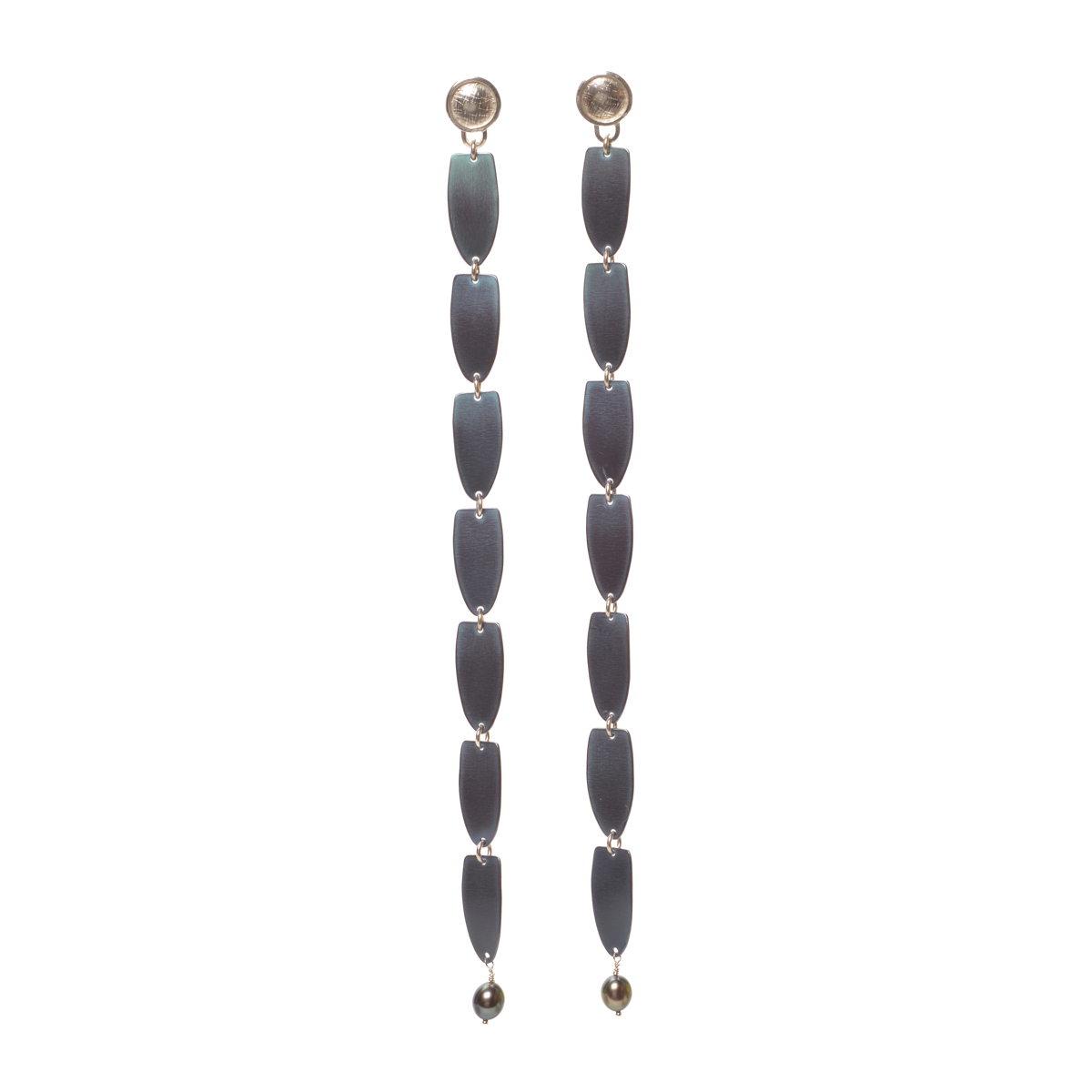 Amy Pike 2026, anodized titanium, sterling silver, freshwater pearl; hand fabricated Earrings: 7 ½” x ½” Necklace: 17 3/8” x 1 ½”