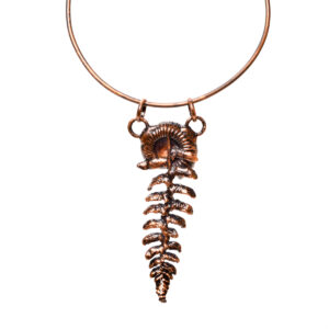Nina Kawar 2026, ammonite fossil, real fern, citrine, copper chain; copper electroforming 5” x 2” x ¼” with 17” collar