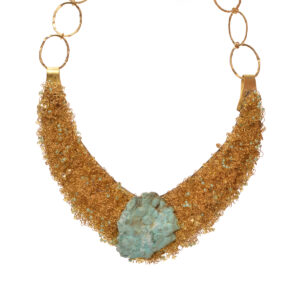 Jill Howell 2026, brass, copper, sterling silver, glass beads, raw Chrysocolla; hand sawn, pierced, soldered, hammered, riveted, coiled, drilled 11” x 7”