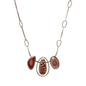 Shannon Lucas 2026, sterling and fine silver, royal imperial jasper, dead camel jasper, vitreous enamel on copper, felted wool 4” x 3 ½” x 3/8” with 28” chain