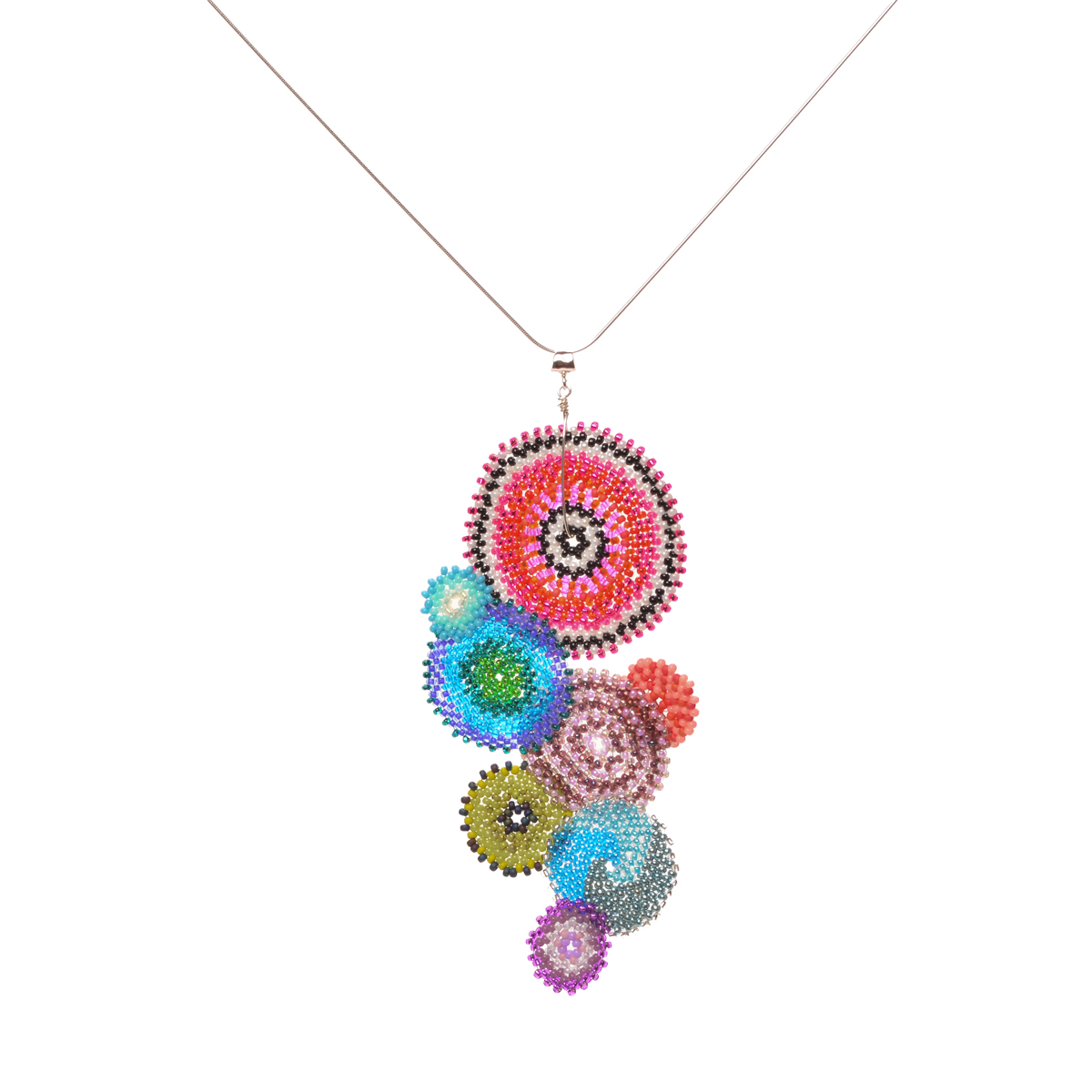 Leslie Fawcett 2026, glass seed beads, thread, sterling silver bail and chain; hand woven, hand stitched 5 ½” x 2 ½” with 20” chain