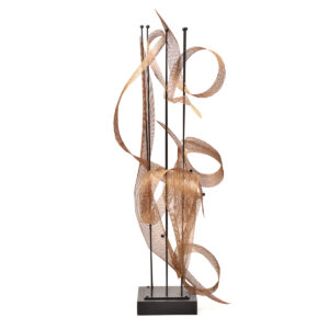 Theresa Clower 2025, skeletonized flax leaves, wood, steel, clay, wire 42” x 12” x 12”