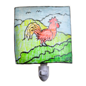 Rise and shine! Rooster night light created with a wire frame and covered with vinylized paper. Vinylized paper is made by layering tissue paper and Elmer's glue. The light is finished with a protective coating of spray lacquer.