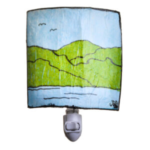 Mountains of NC nightlight created with a wire frame and covered with vinylized paper. Vinylized paper is made by layering tissue paper and Elmer's glue. The light is finished with a protective coating of spray lacquer.