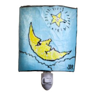 Wish upon a star! Moon and star nightlight created with a wire frame and covered with vinylized paper. Vinylized paper is made by layering tissue paper and Elmer's glue. The light is finished with a protective coating of spray lacquer.