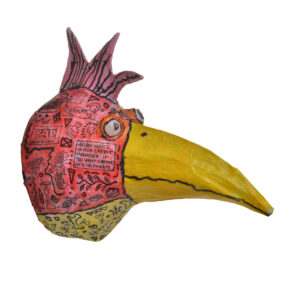 Mounted rooster headlight for the wall created with a wire frame, covered with vinylized paper. Vinylized paper is made by layering tissue paper and Elmer's glue. The light is finished with a protective coating of a spray lacquer.