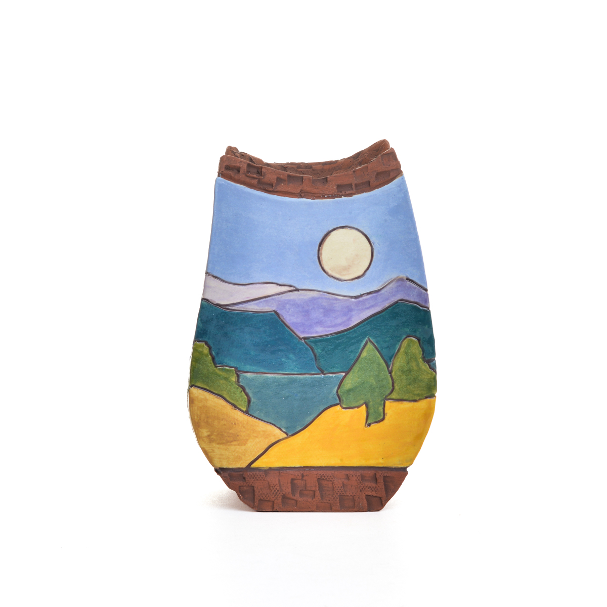 Enjoy a fresh batch of flowers or a dried arrangement in this handcrafted ceramic slab vase by Sharla Kaufman of North Carolina, featuring hand-built and hand-painted pieces that contrast the rawness of the earthenware with a “canvas” of white slip, on which a landscape scene is applied using underglazes. Each piece is “framed” by raw clay, like a painting or looking through a window.