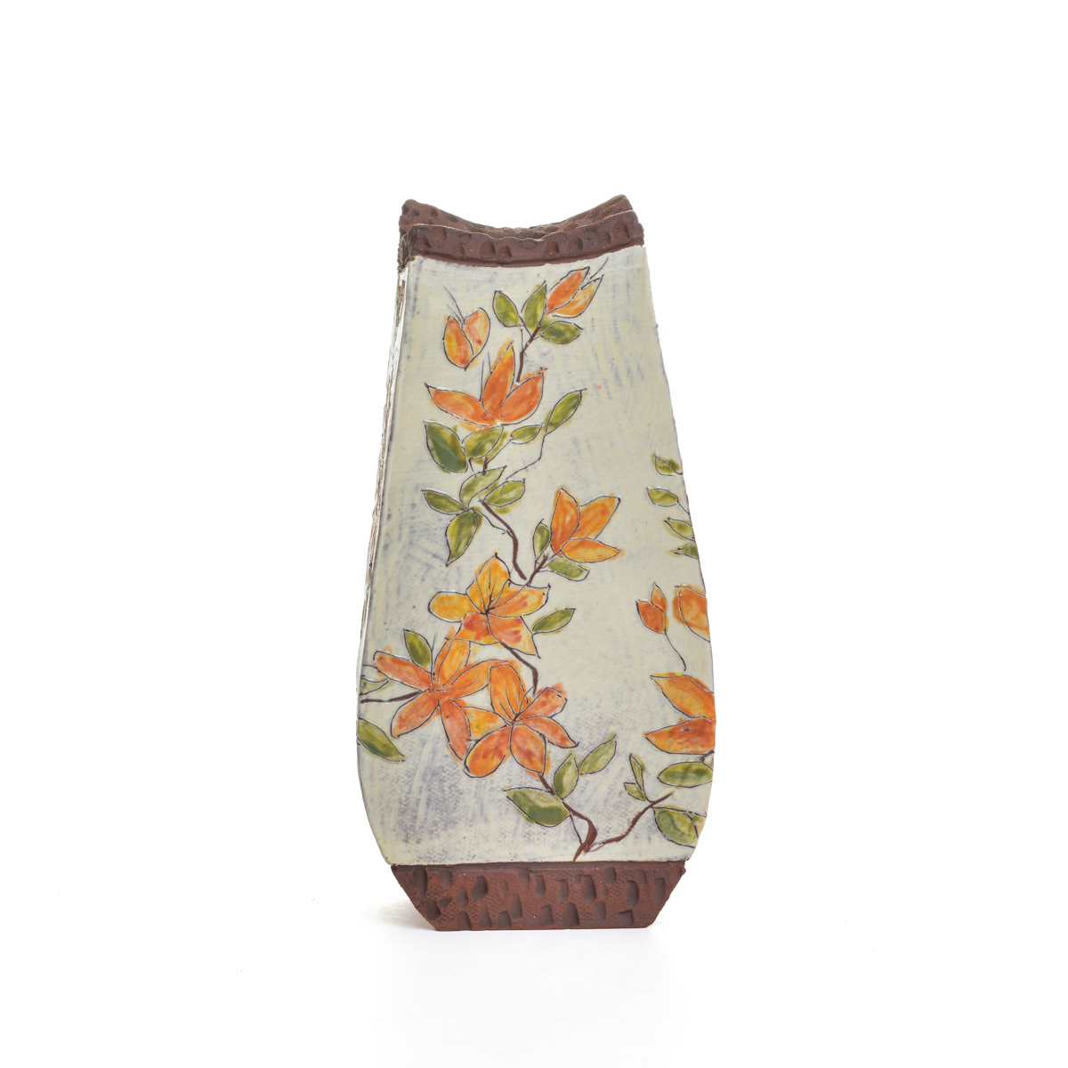 Enjoy a fresh batch of flowers or a dried arrangement in this handcrafted ceramic slab vase by Sharla Kaufman of North Carolina, featuring hand-built and hand-painted pieces that contrast the rawness of the earthenware with a “canvas” of white slip, on which a botanical scene is applied using underglazes. Each piece is “framed” by raw clay, like a painting or looking through a window.