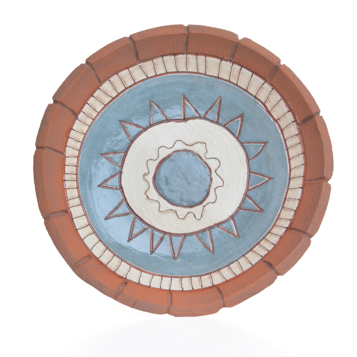 Small abstract ceramic dish featuring hand-built, hand-painted pieces that contrast the rawness of the earthenware with a “canvas” of white slip, on which abstract scenes are applied using underglazes. Each dish is “framed” by raw clay, like a painting or looking through a window. Each sold separately. Different colors and designs available.