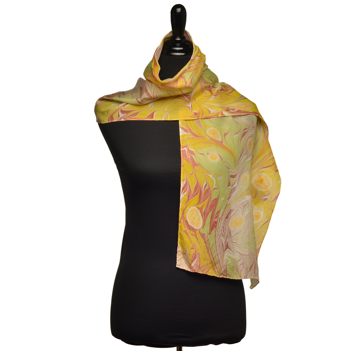 Hand-marbled silk scarf, especially designed using custom-mixed colors and patterns to set you apart! Each mushroom starts small, so remember to show your 'fruiting' body boldly with this scarf around your shoulders.