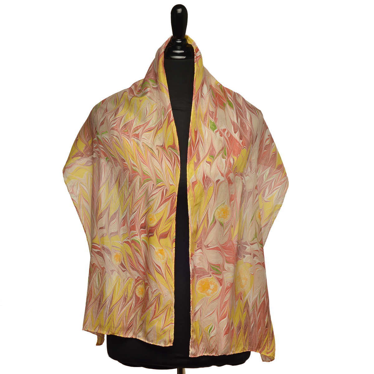 Hand-marbled silk scarf, especially designed using custom-mixed colors and patterns to set you apart! Each mushroom starts small, so remember to show your 'fruiting' body boldly with this scarf around your shoulders.