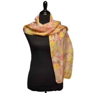 Hand-marbled silk scarf, especially designed using custom-mixed colors and patterns to set you apart! Each mushroom starts small, so remember to show your 'fruiting' body boldly with this scarf around your shoulders. Pam’s inspiration here: