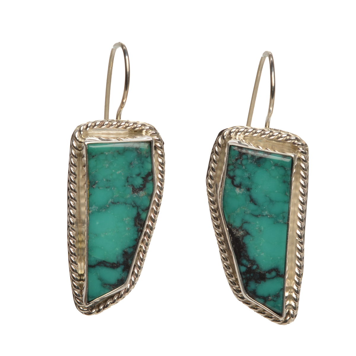 "Wind Surfer" handcrafted sterling silver earrings featuring old stock Kingman turquoise, twist wire-framed cabochons, suspended from secure Continuum sterling silver locking earwires by Ruthie Cohen of North Carolina.