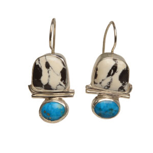 "Riders in the Sky" handcrafted sterling silver earrings with locking earwires featuring bold White Buffalo stone and Kingman turquoise by Ruthie Cohen of North Carolina.