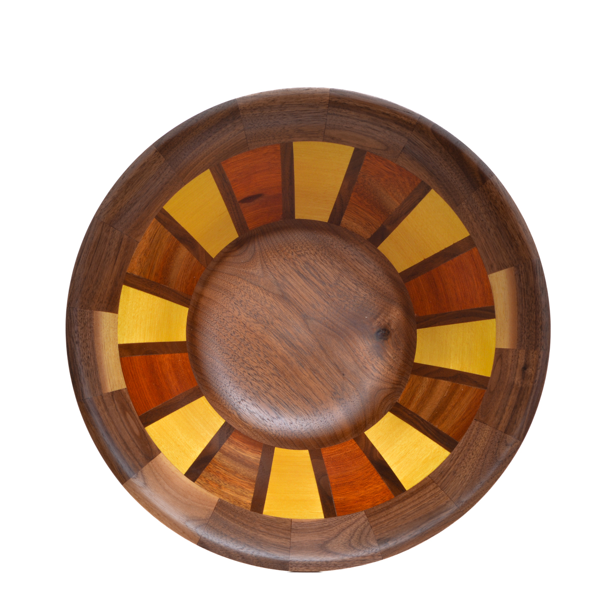Segmented turned bowl made using walnut, cherry, and bloodwood. No stains are used. All woods are natural color.