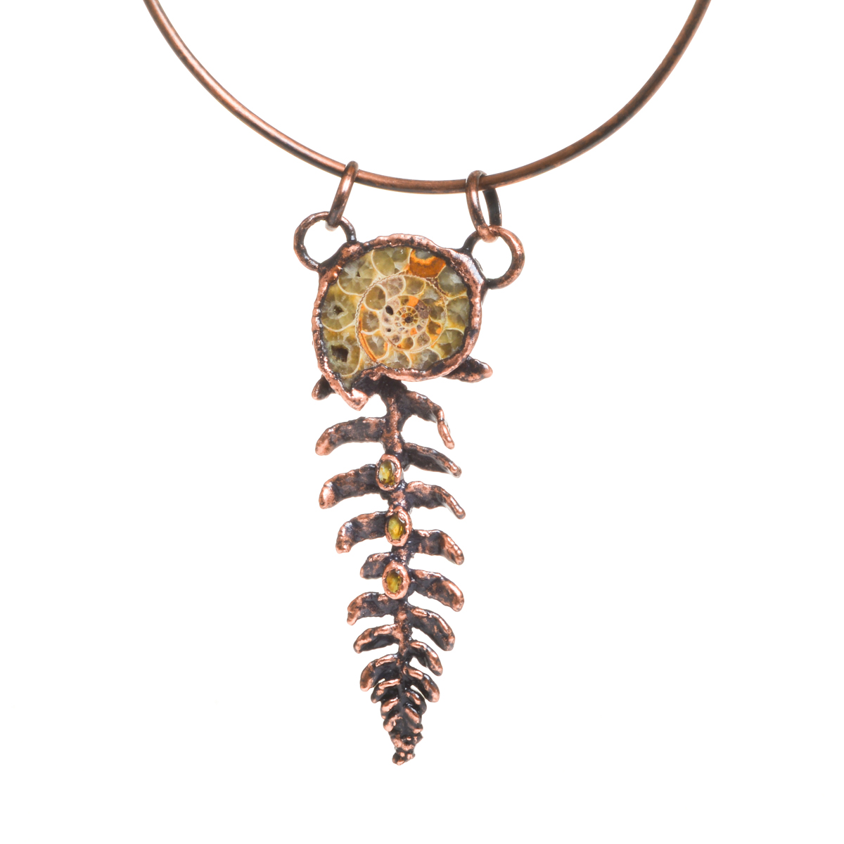 Nina Kawar 2026, ammonite fossil, real fern, citrine, copper chain; copper electroforming 5” x 2” x ¼” with 17” collar